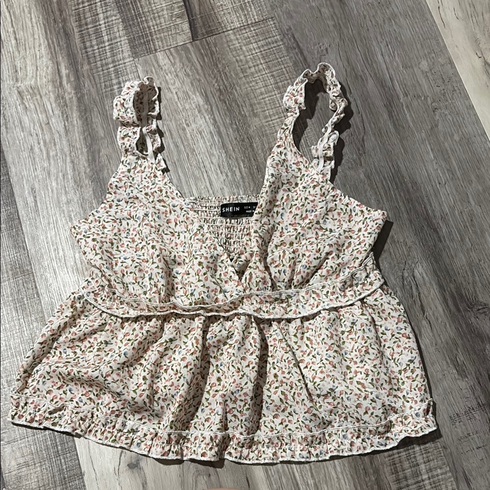 SHEIN Floral Ruffle Trim Blouse - Cream and Pink